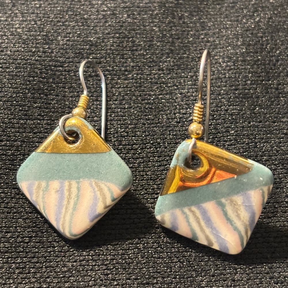 Elegant Gold and Blue Ceramic Dangle Earrings